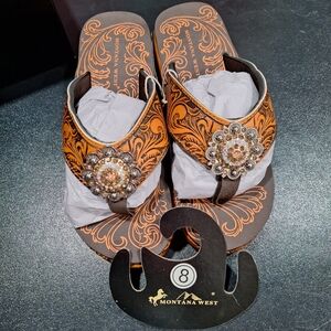 NIB-Montana West Brown and Orange Rhinestone Floral Thong Sandals